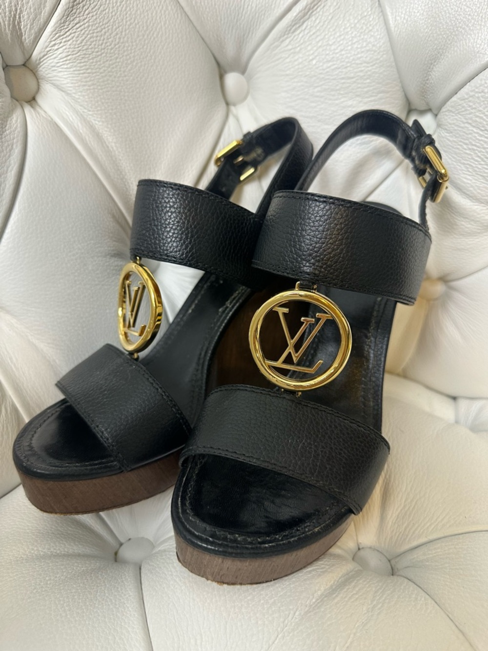 Louis Vuitton Rare Black Wedge Shoes with Gold Logo 37 Excellent Condition